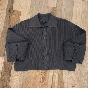 Quince 100% cotton cropped collared fisherman cardigan sweater chocolate brown M